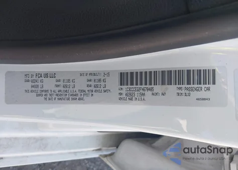 2015 Chrysler 200 C z USA, uszkodzony, nr VIN 1C3CCCEG2FN678485